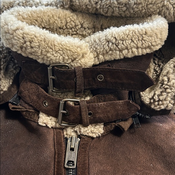 BROWN 100% SHEEPSKIN SHEARLING LEATHER B3 Bomber Flight jacket, zip off hood - Picture 3 of 10